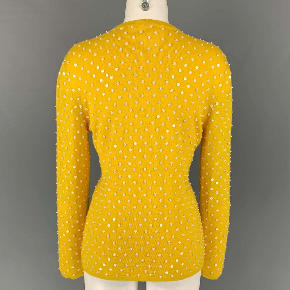 OSCAR DE LA RENTA Yellow Cashmere Beaded Open Front Cardigan - Picture 3 of 5